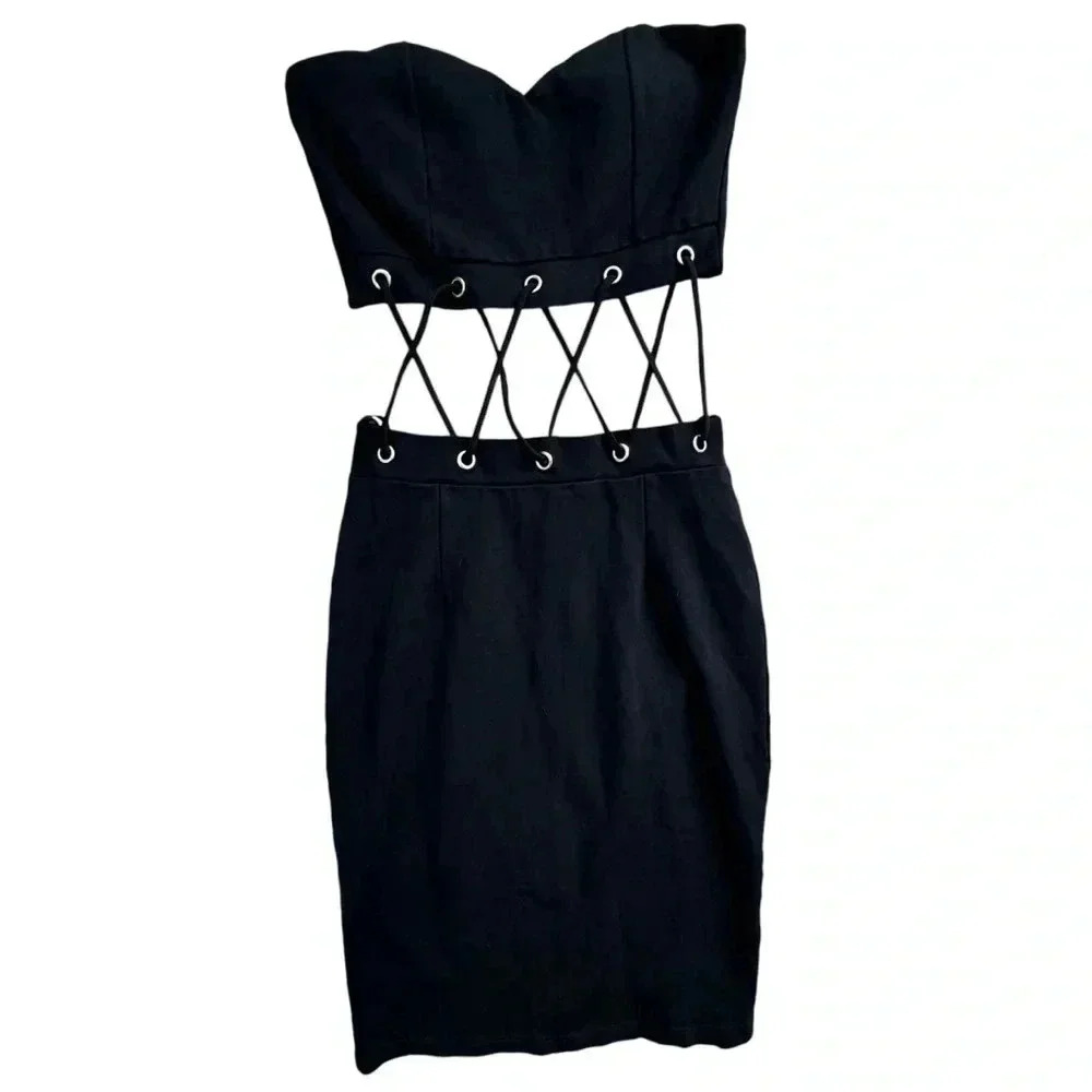 Black Mini Cut Out Detail Dress Tub Top Fitted Skirt bodycon, Sexy, Medium